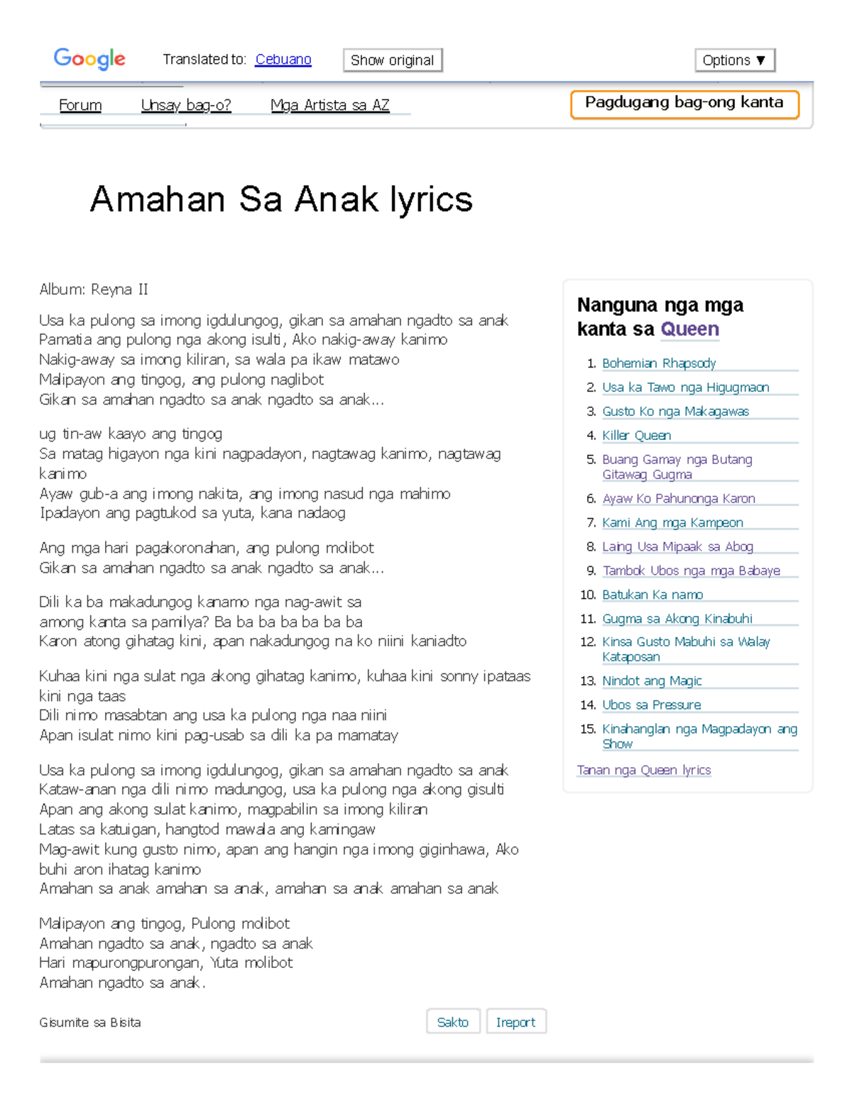 Reyna – Amahan Sa Anak lyrics - Gisumite sa Bisita Sakto Ireport Amahan ...