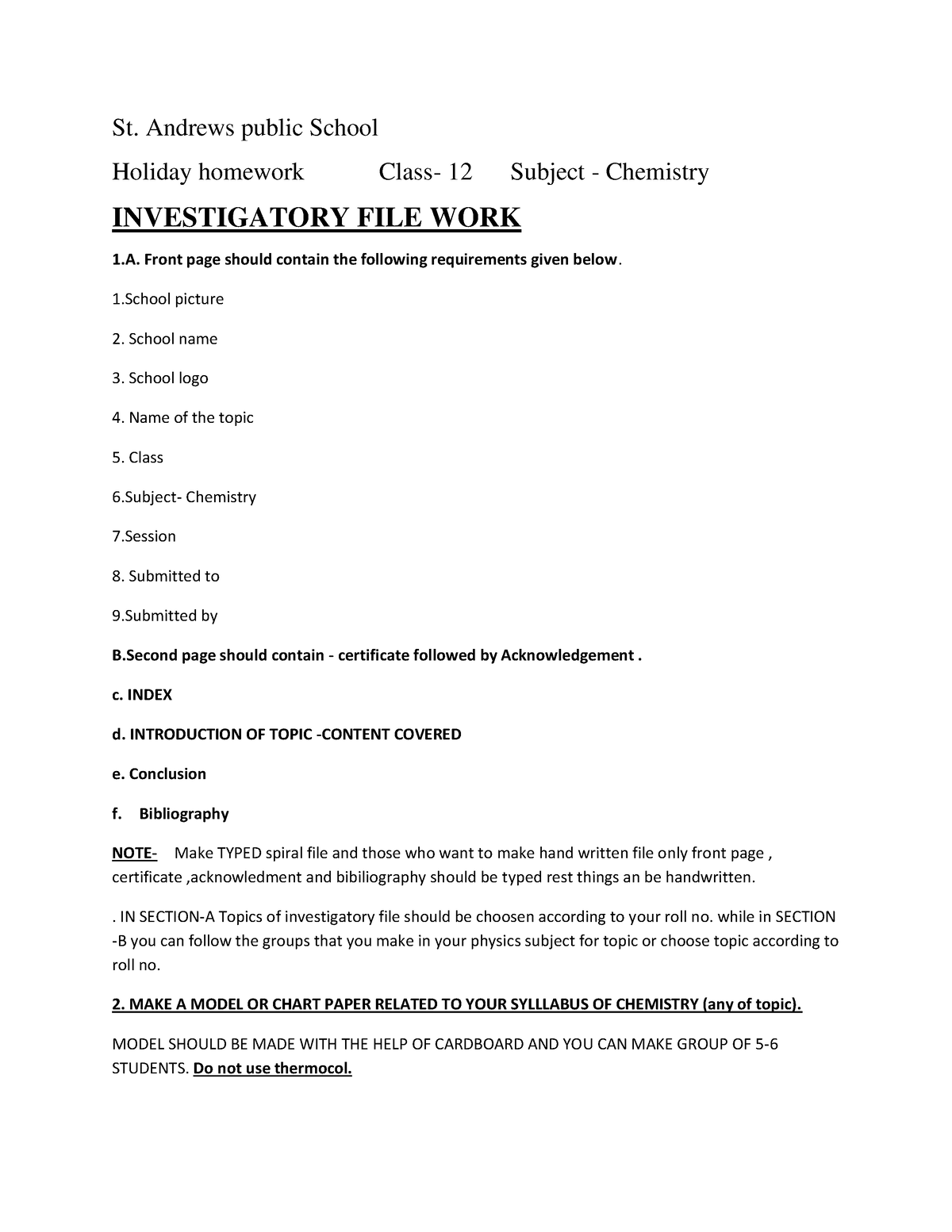 chemistry holiday homework class 12