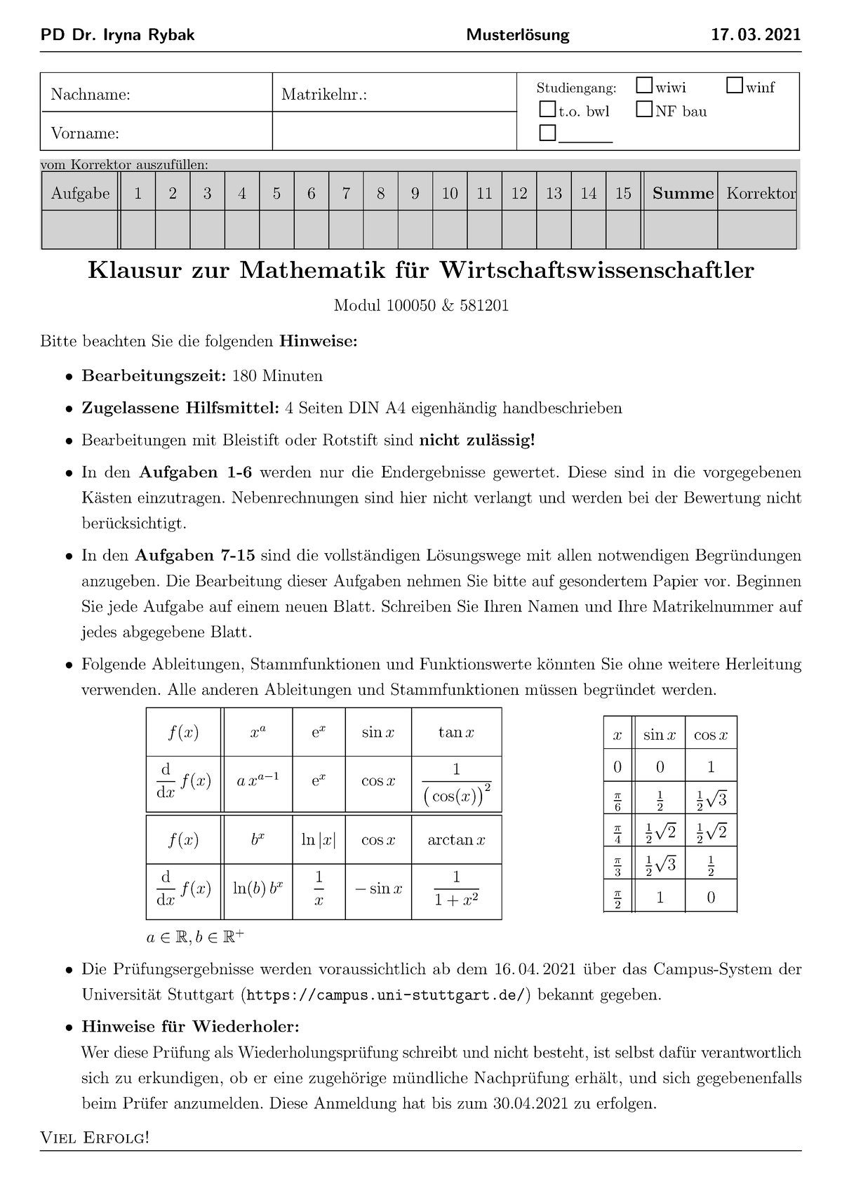 Mathematik Für Wiwi 20 21 Lösung - PD Dr. Iryna Rybak Musterl ̈osung 17 ...