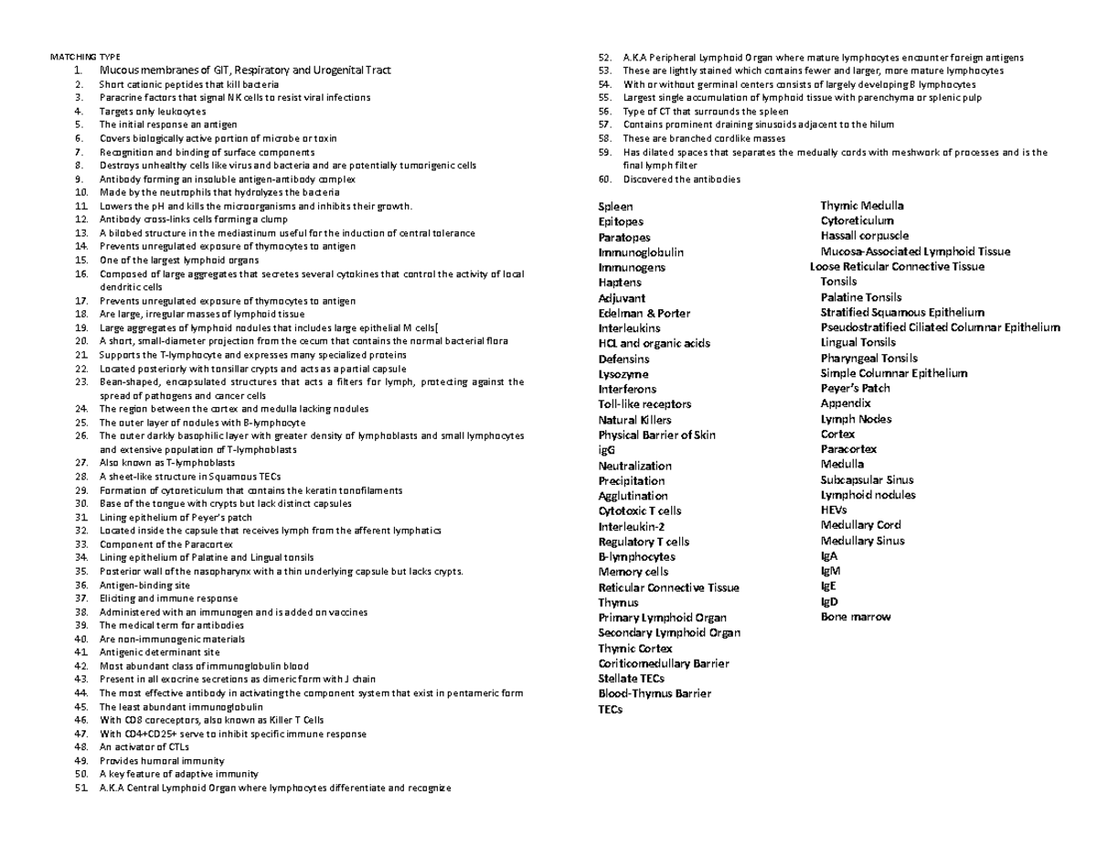 Lymph m type - Summary Biochemistry - MATCHING TYPE 1. Mucous membranes ...