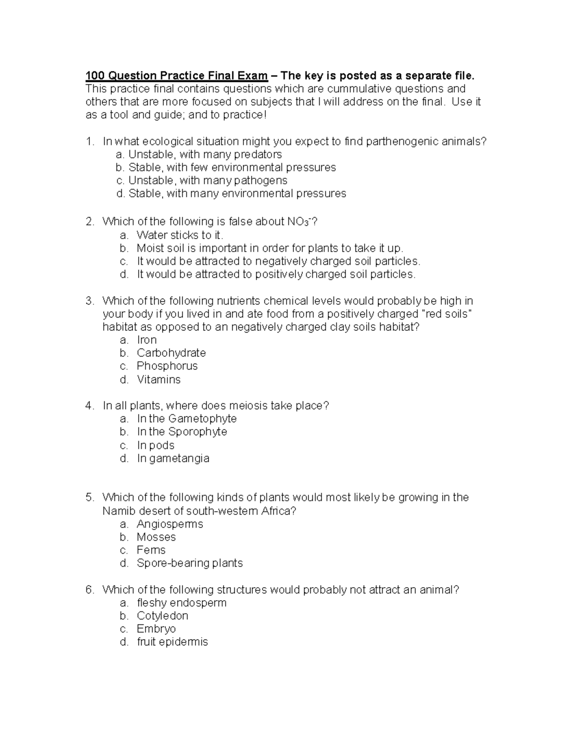 Bio 110 Practice Final Exam – final exam study questions biology 110 ...