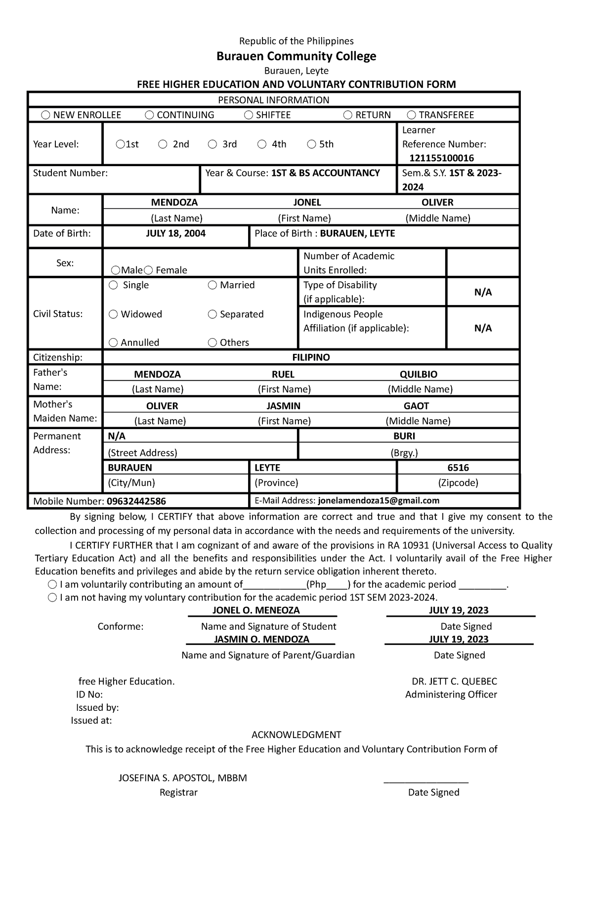 FHE-FORM - FOR STUDY - Republic of the Philippines Burauen Community ...