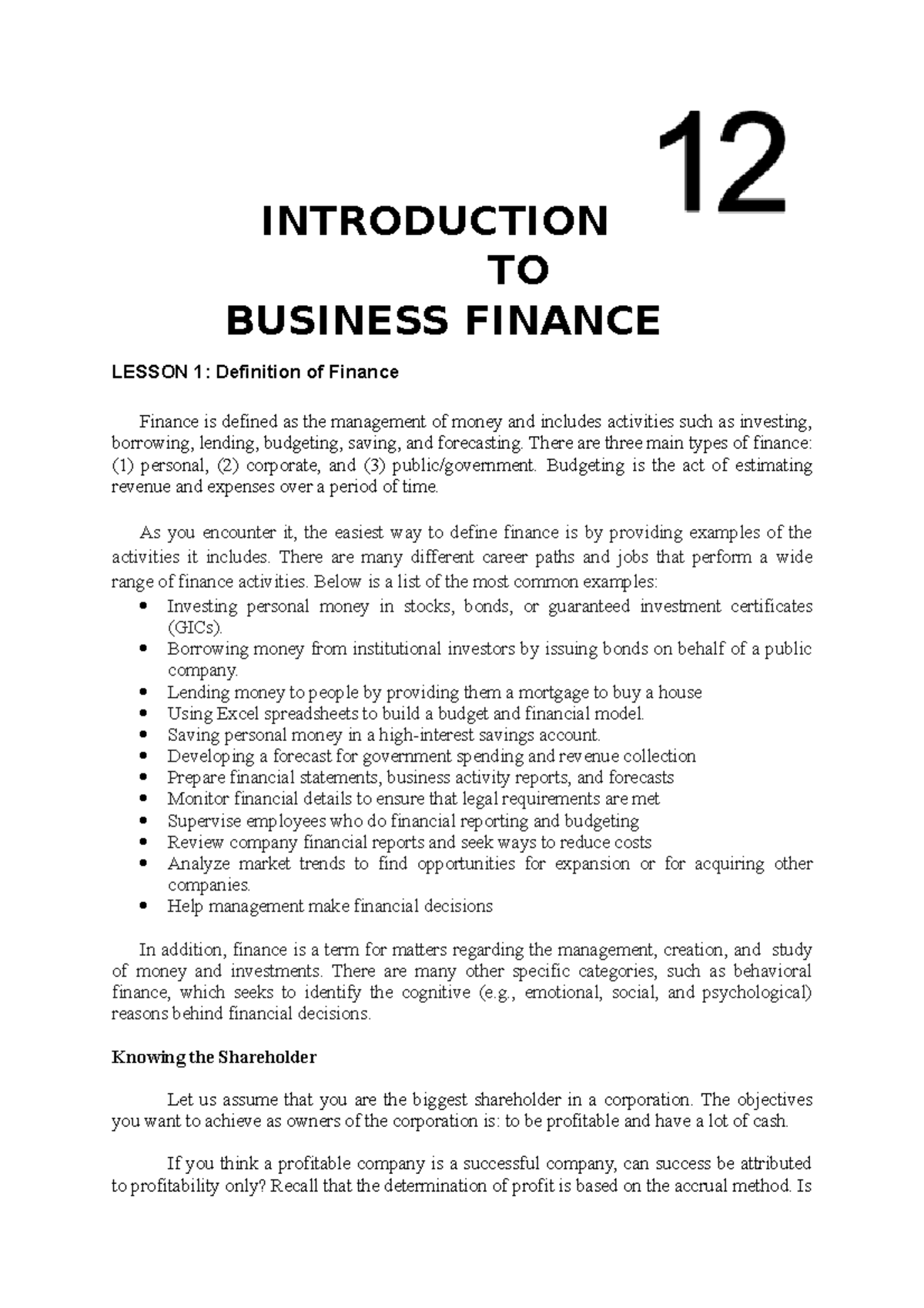 1. Introduction TO Business Finance - INTRODUCTION TO BUSINESS FINANCE ...