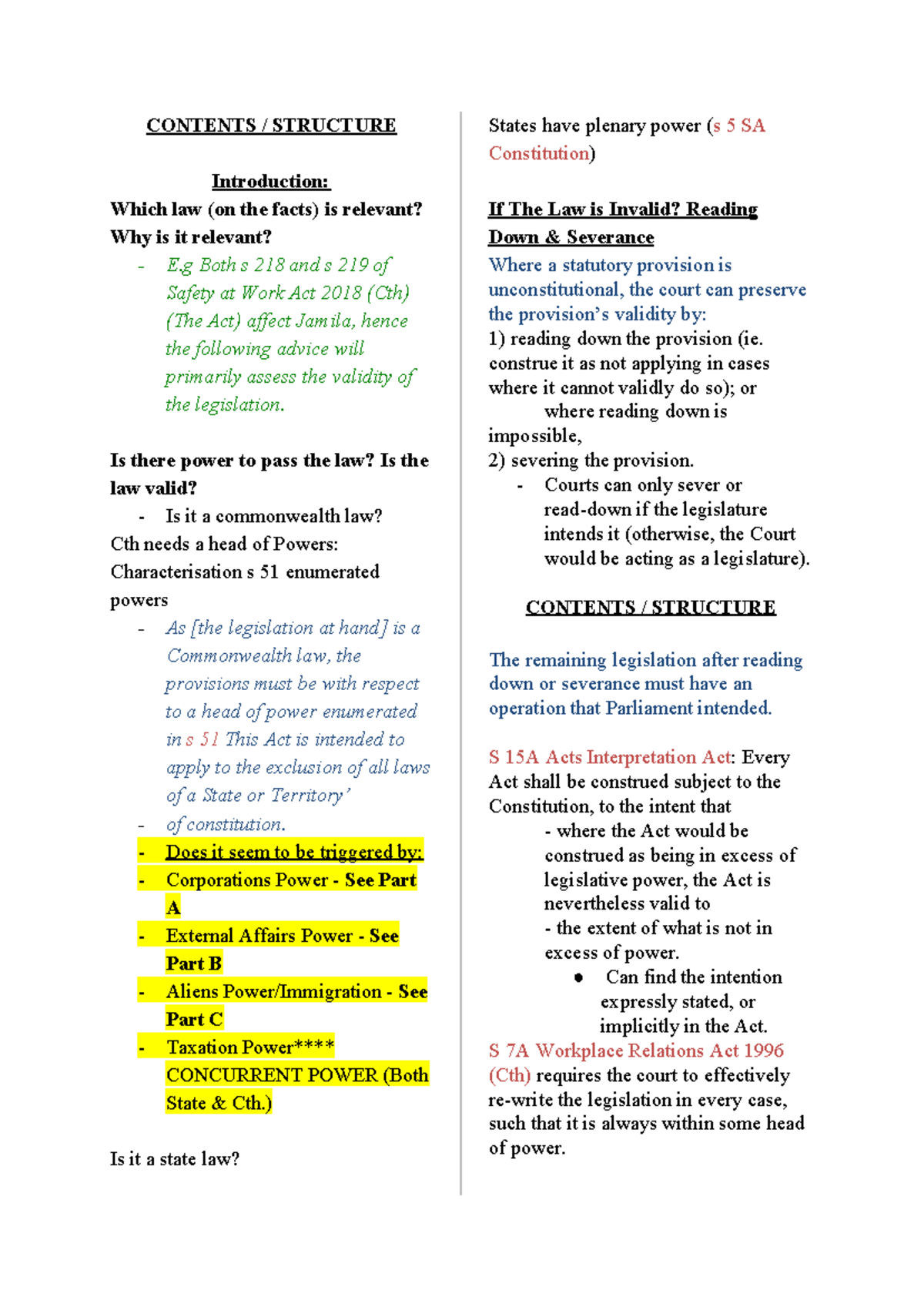 Con Law EXAM Constitutional Law Exam notes CONTENTS / STRUCTURE