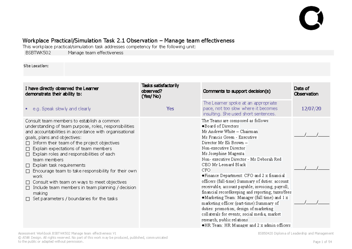 5. Bsbtwk 502 Workplace Practical Simulation Task 2.1 Observation ...