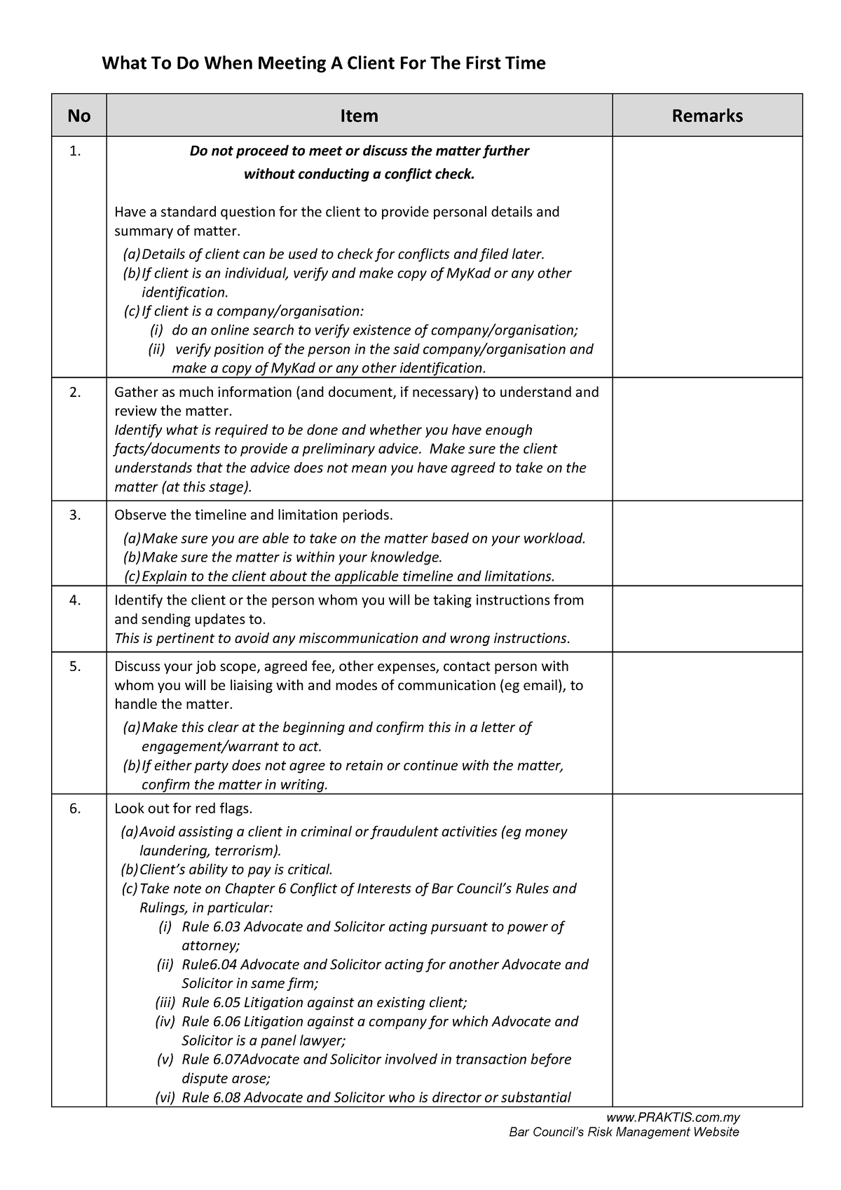 Meeting client checklist - PRAKTIS.com Bar Council’s Risk Management ...