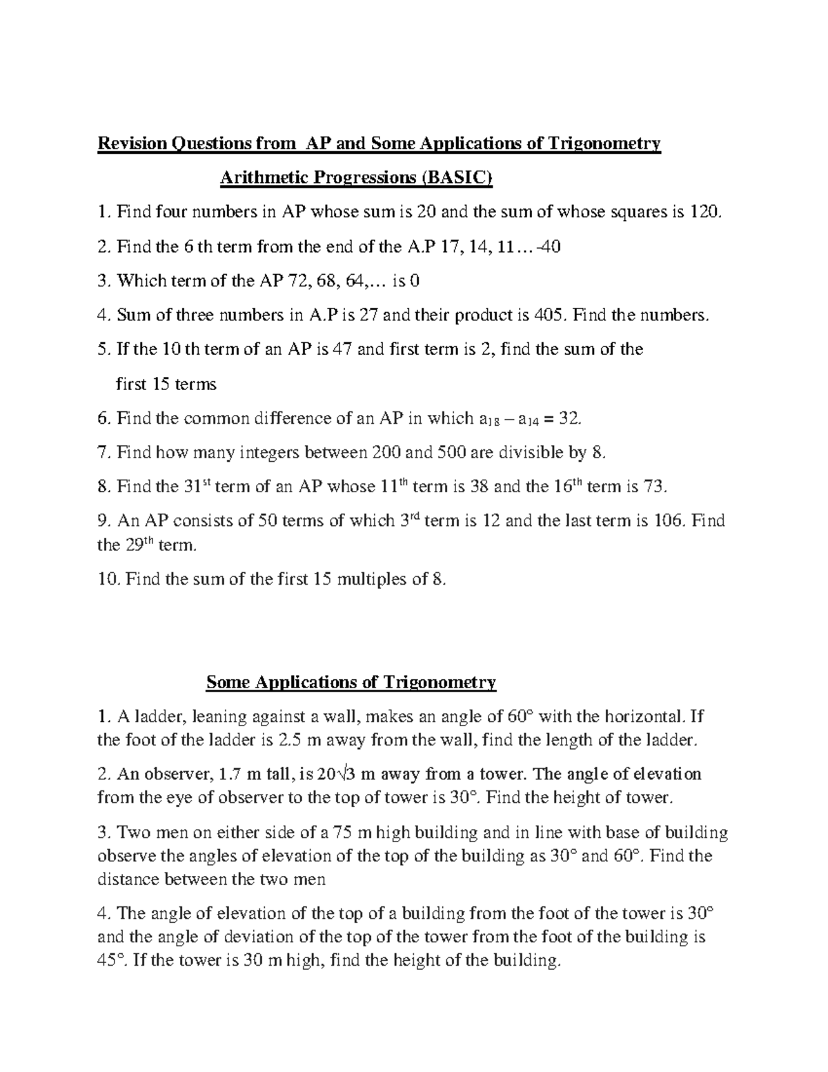 Revision Questions (Basic)-A.P and Some Applications of Trigonometry ...