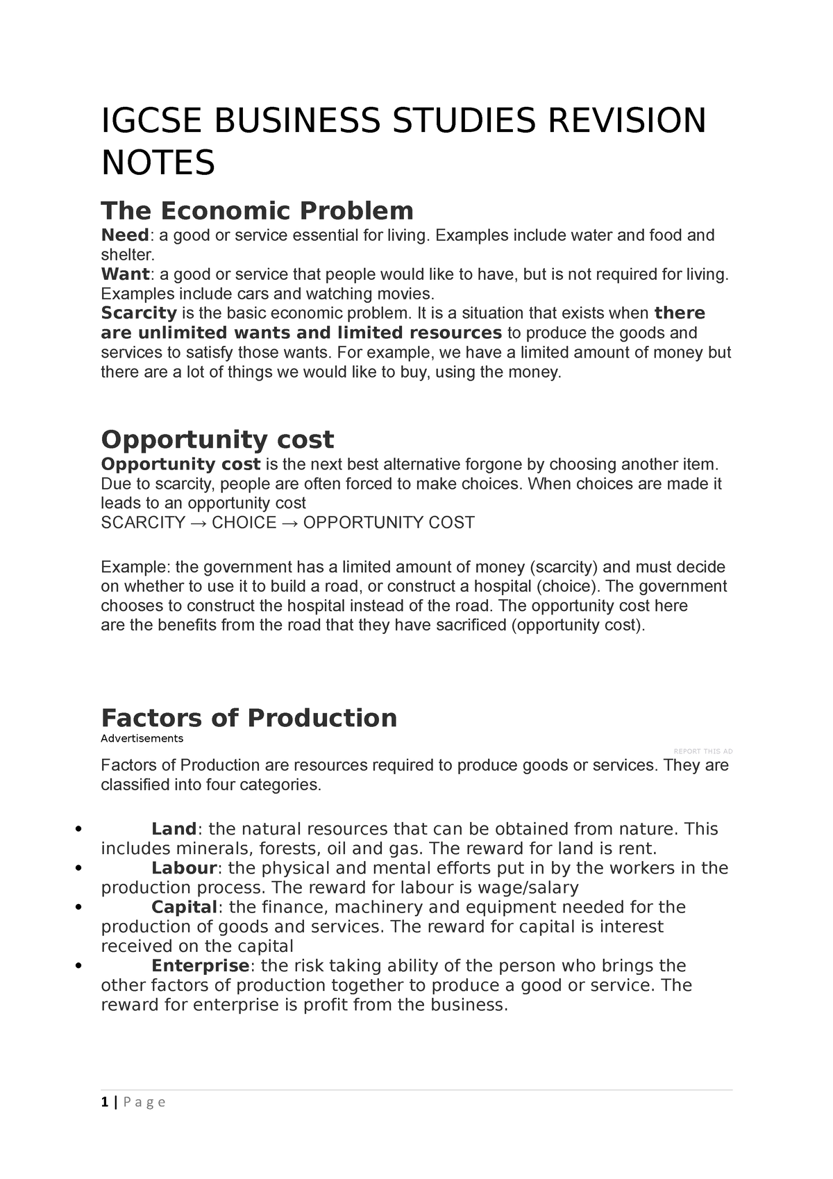 Igcse Business Studies Revision Notes - IGCSE BUSINESS STUDIES REVISION ...