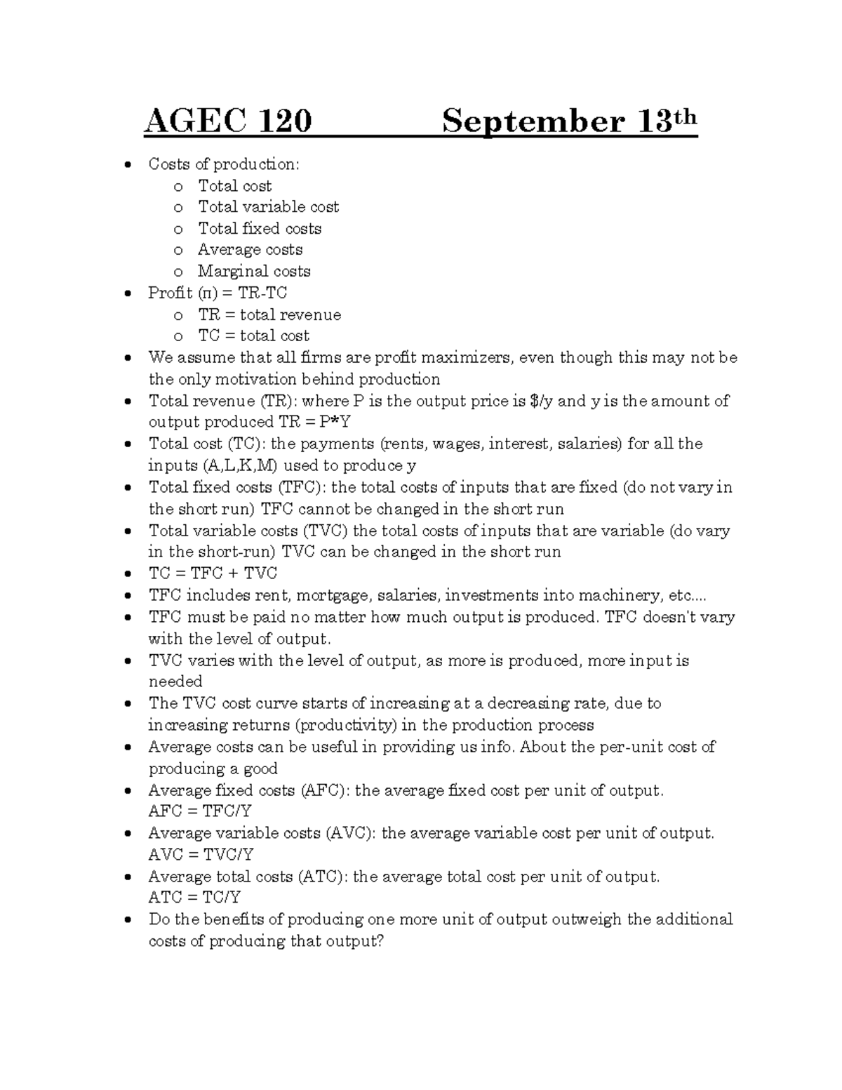 AGEC 120 notes September 13th - AGEC 120 September 13th Costs of ...