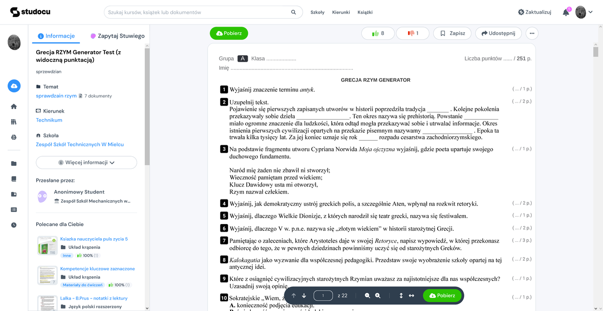 Grecja RZYM Generator Test (z widoczną punktacją) - Grupa A strona 1 z