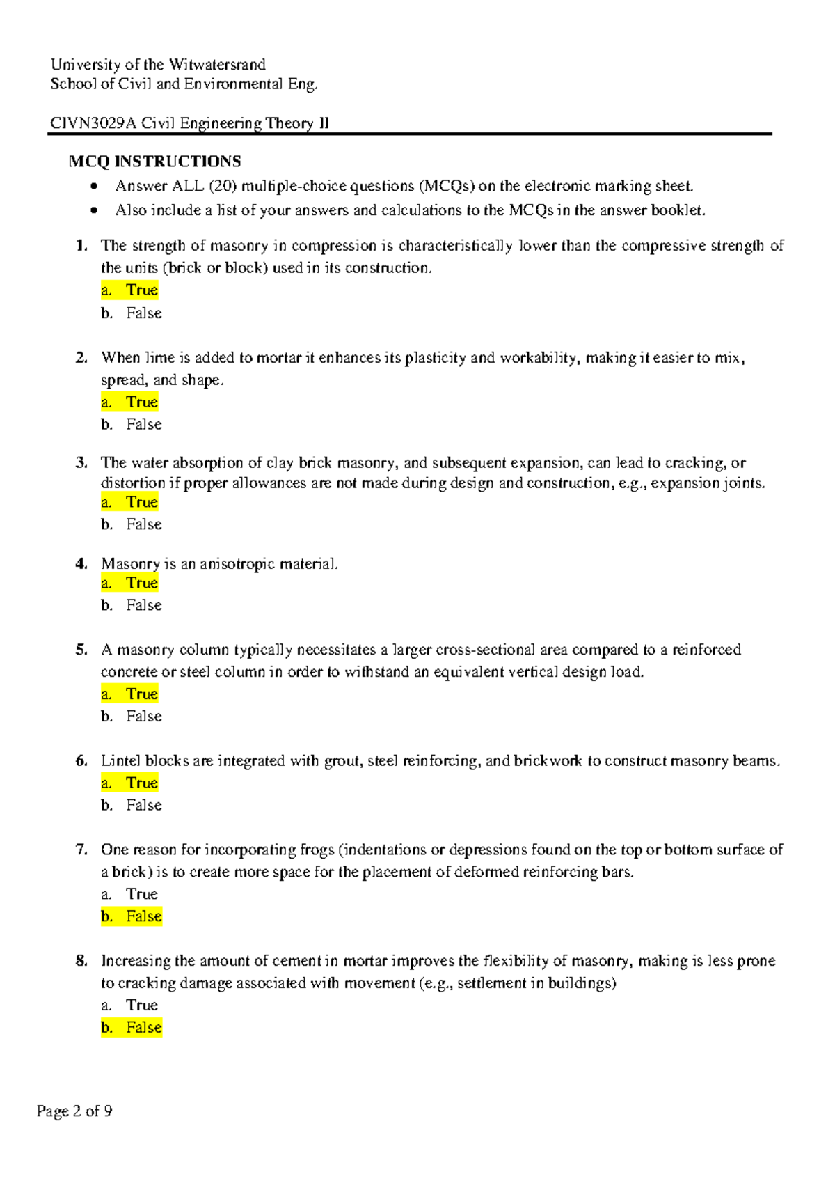 Example Masonry exam questions School of Civil and Environmental Eng. CIVN3029A Civil