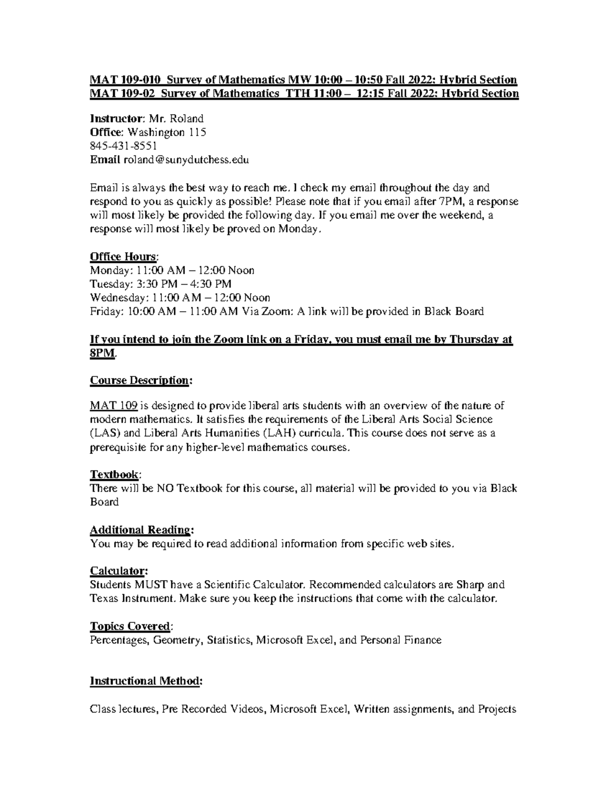 Math Syllabus MAT 109010 Survey of Mathematics MW 1000 1050 Fall
