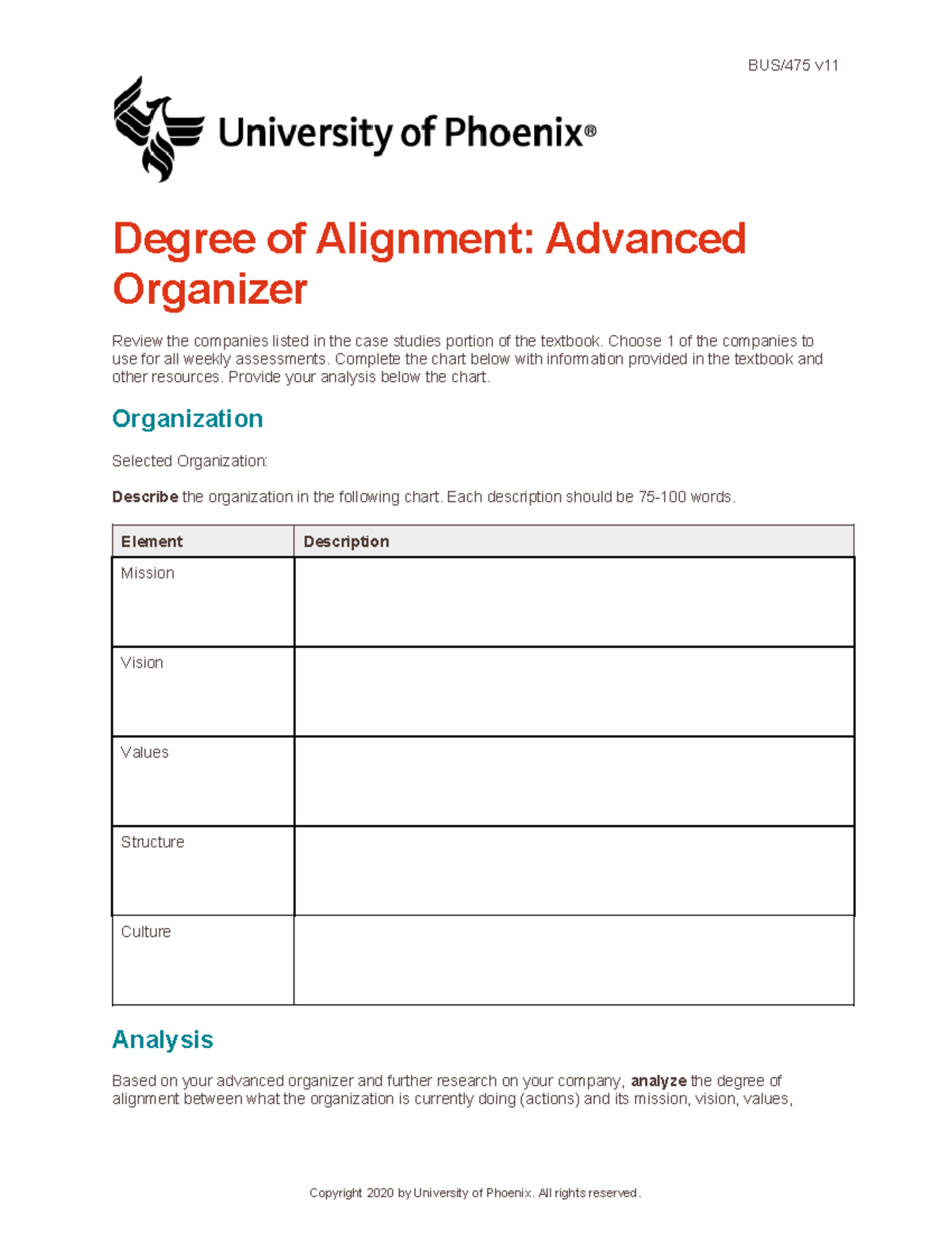 BUS475 v11 Wk1 advanced organizer - BUS/475 v Degree of Alignment ...