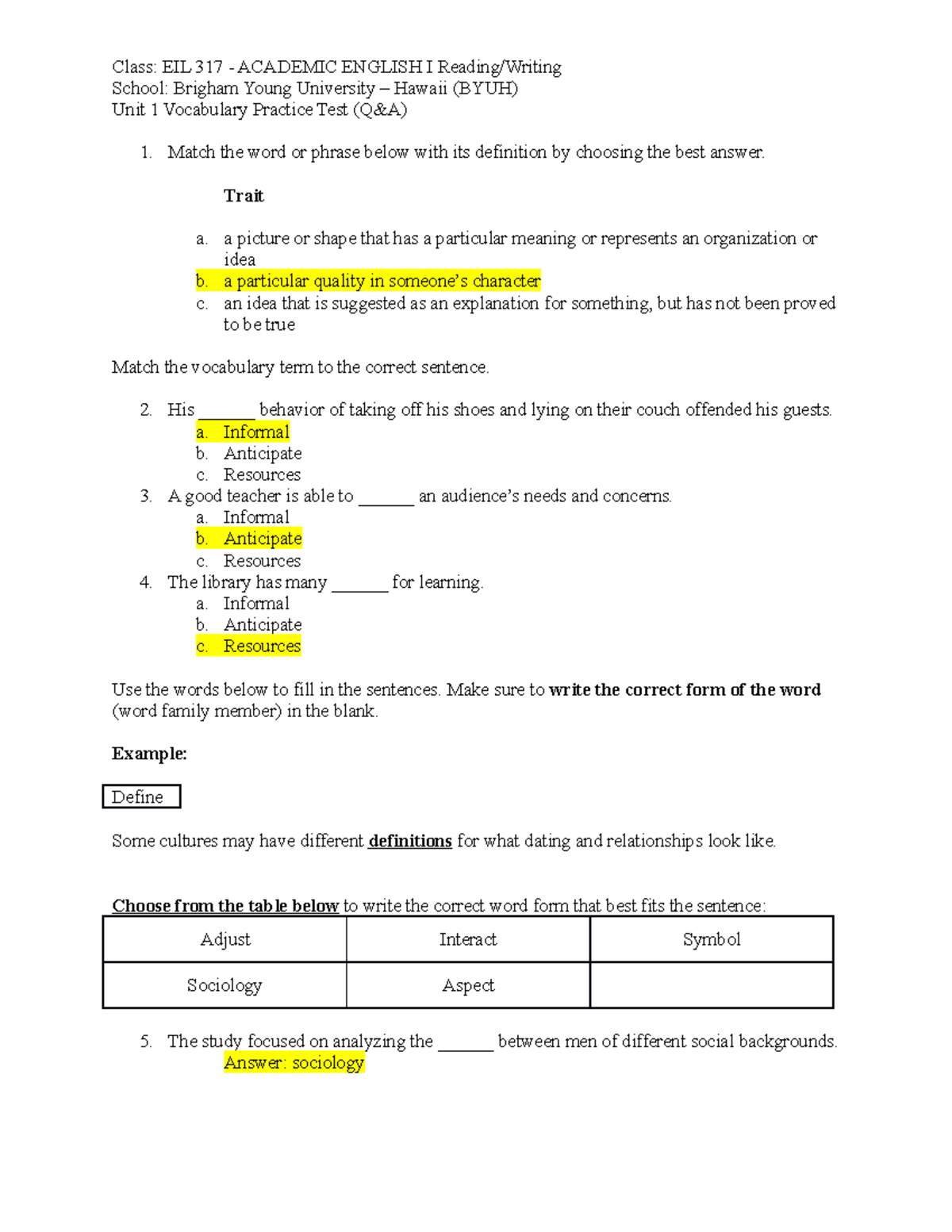 EIL 317 - Academic English I Reading:Writing - BYU-H (Unit 1 Vocabulary ...