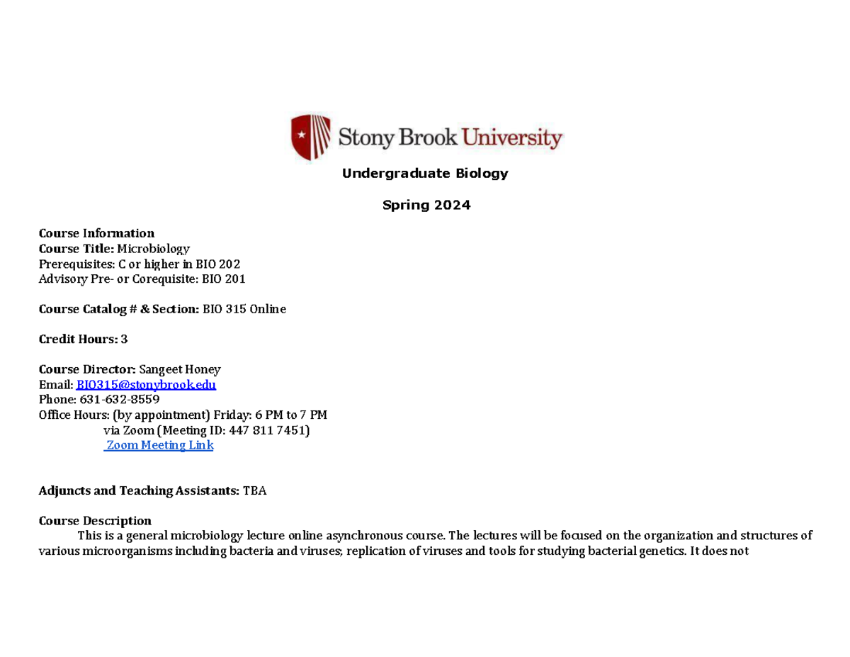 Syllabus BIO 315 Spring 2024 - Undergraduate Biology Spring 2024 Course ...