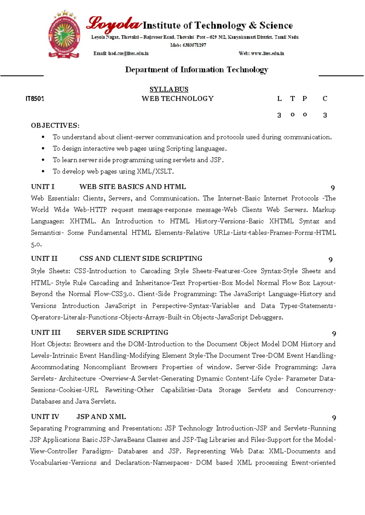 WT Syllabus - notes - SYLLABUS IT8501 WEB TECHNOLOGY L T P C 3 0 0 3 ...