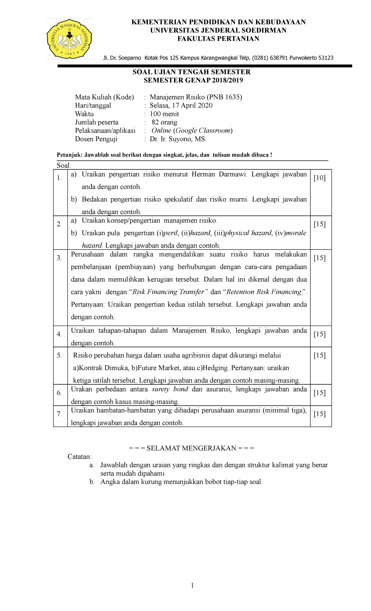 Soal UTS- Man Risiko 17 April 2020 - KEMENTERIAN PENDIDIKAN DAN ...