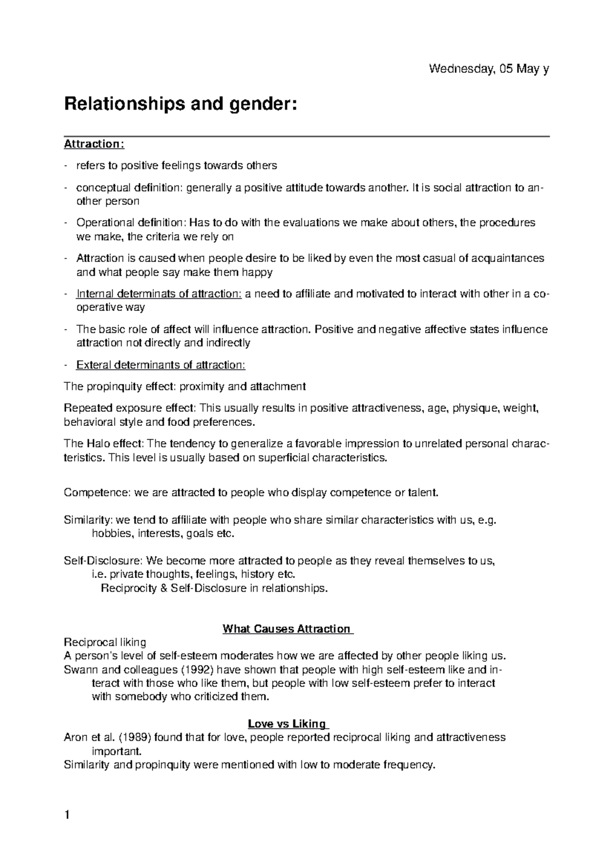 Psychology notes Semester 2 - relationships and gender week 2 ...