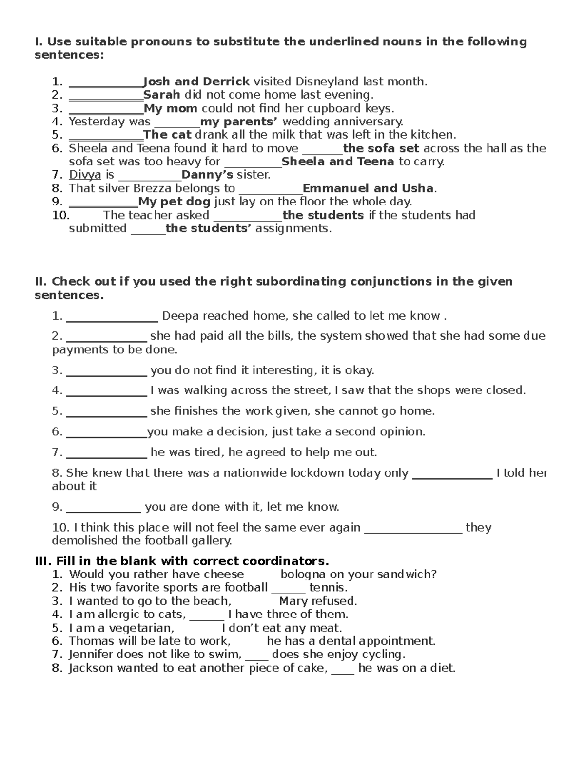 Pronoun, conjunction Exercise - I. Use suitable pronouns to substitute ...