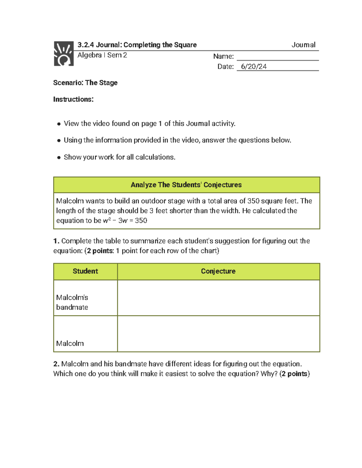 Copy of 3.2.4 Journal - Completing the Square (Journal) - 3.2 Journal ...