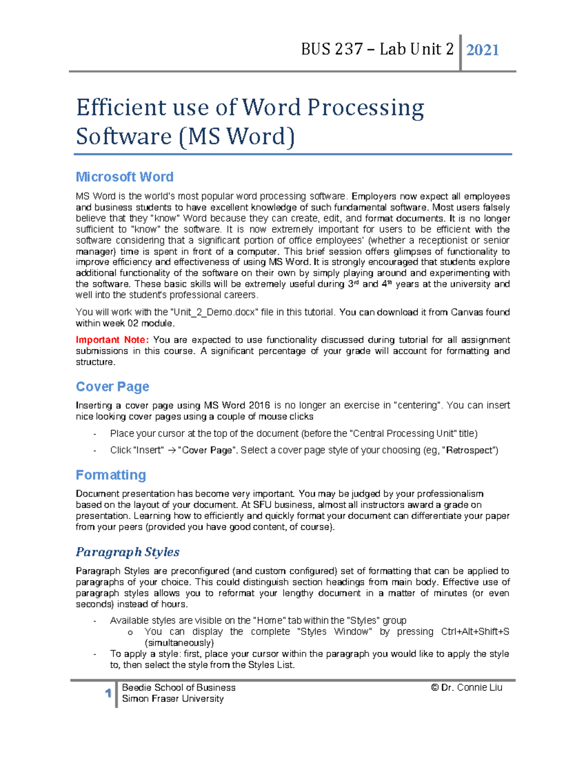 Unit2 MS Word-1 - pratice - 1 Beedie School of Business © Dr. Connie ...