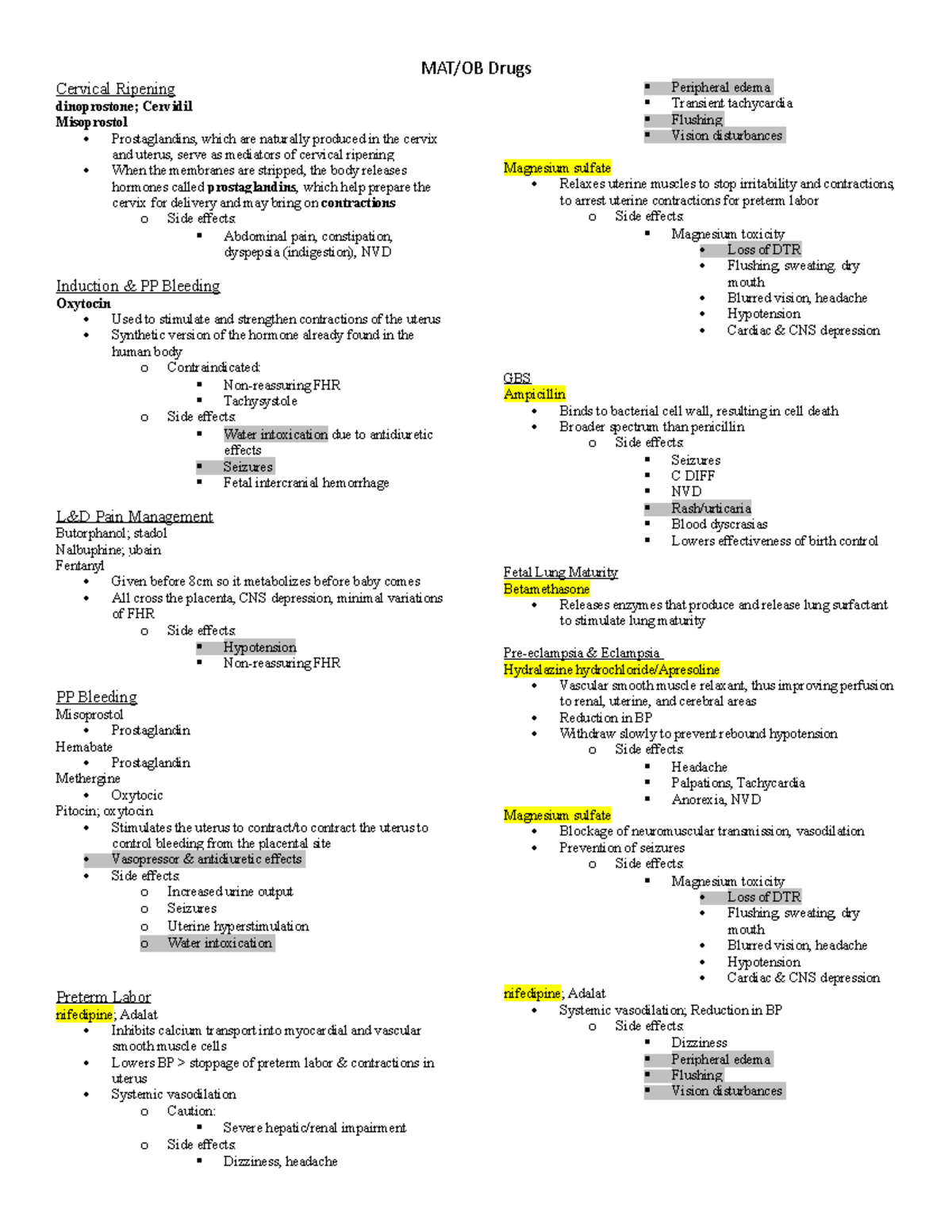 Maternal health and OB Drugs cheat sheet - MAT/OB Drugs Cervical ...