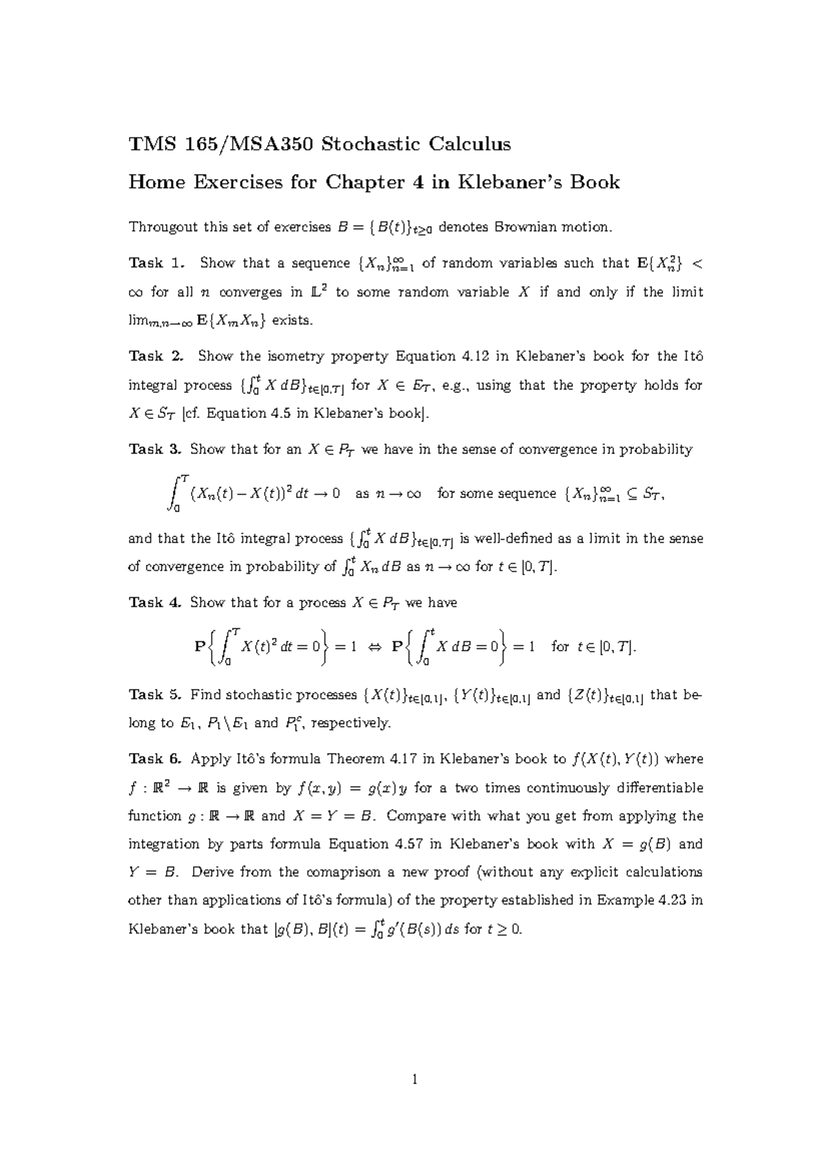 Home Exercises 4 And Its Solutions Stochastic Calculus 14 Tms 165 Msa350 Studocu