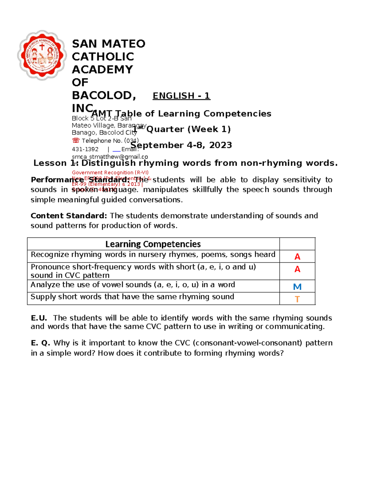 Grade 1 English - AMT - SAN MATEO CATHOLIC ACADEMY OF BACOLOD, INC ...