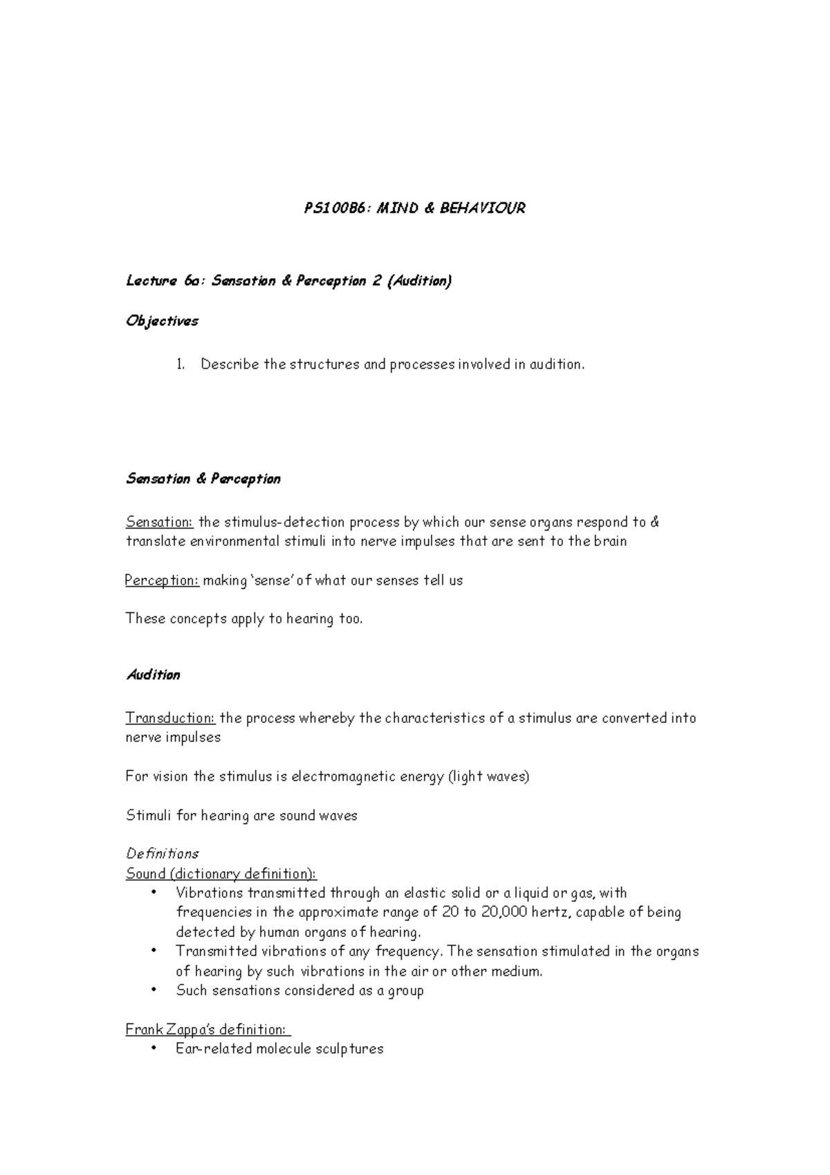 Completed handout for lecture 6a Ian - Sensation and Perception ...