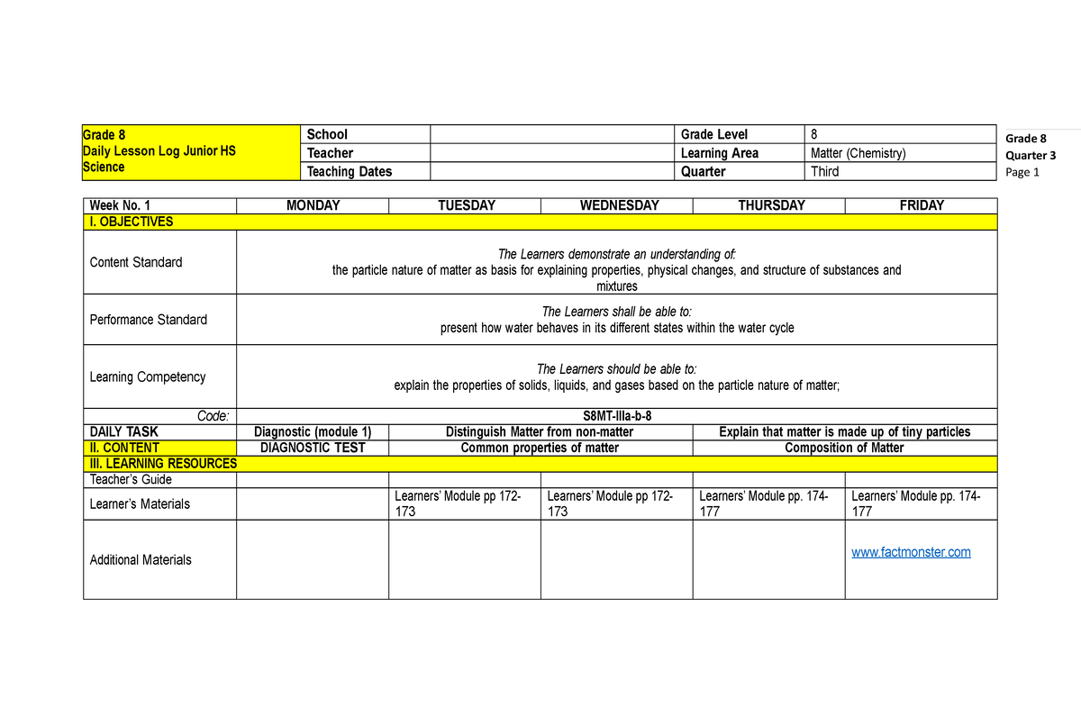 Grade 8 Quarter 3 - Dll For My Demo - Grade 8 Daily Lesson Log Junior ...