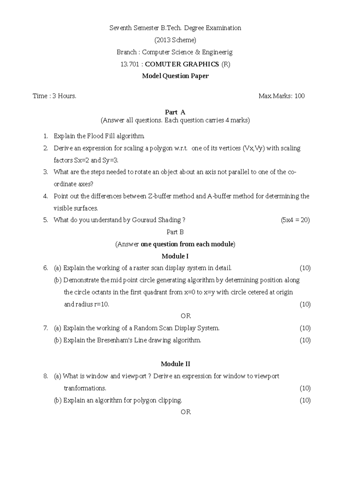 Computer Graphics Question Paper Seventh Semester B. Degree