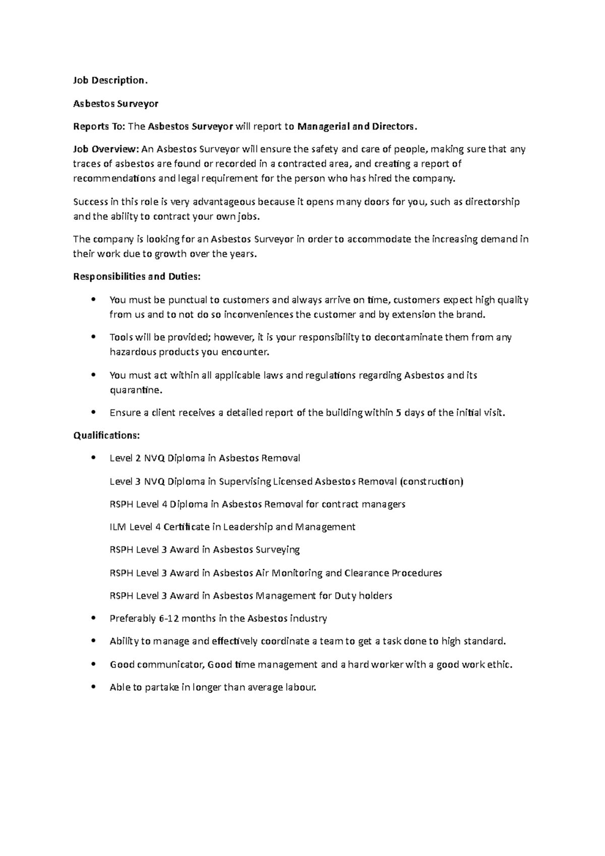 Job Description Asbestos Surveyor Reports To The Asbestos Surveyor