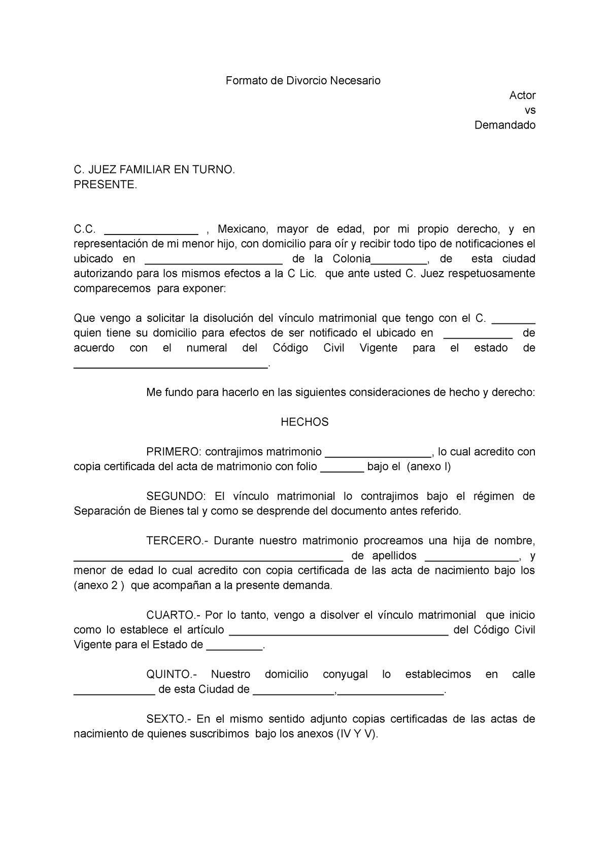 Formato de Divorcio por Abandono de Hogar - Formato de Divorcio Necesario  Actorvs Demandado C. JUEZ - Studocu