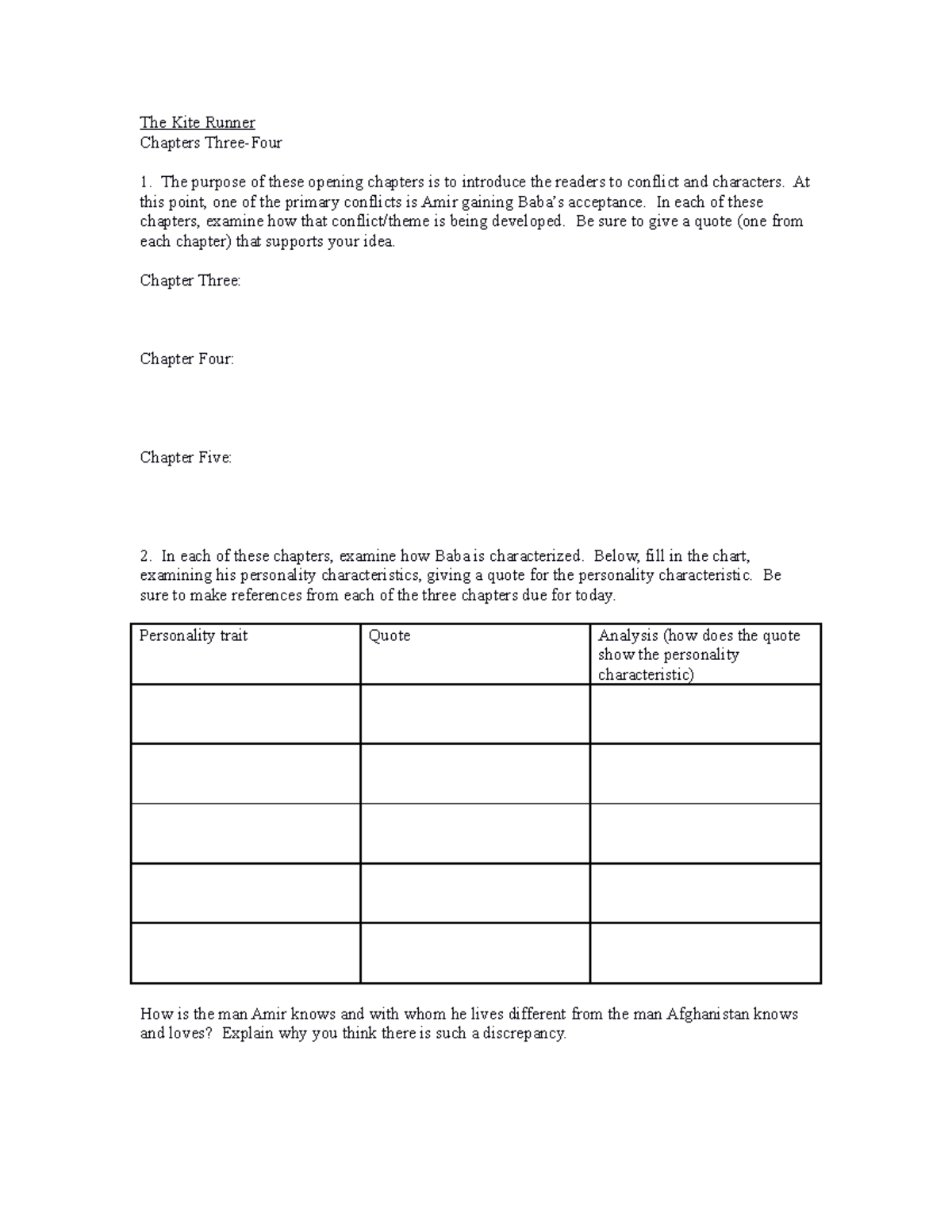 TKR Chapters 34 Extra Credit The Kite Runner Chapters ThreeFour The