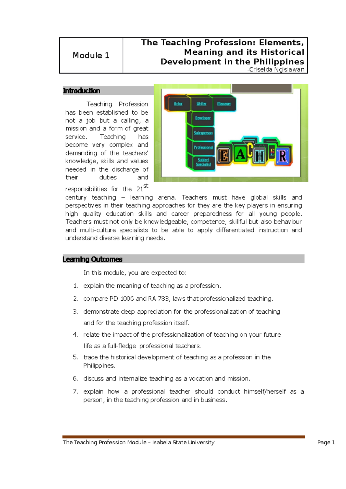 1 Module 1 The Teaching Profession Elements Meaning And Its Historical Development In The Studocu