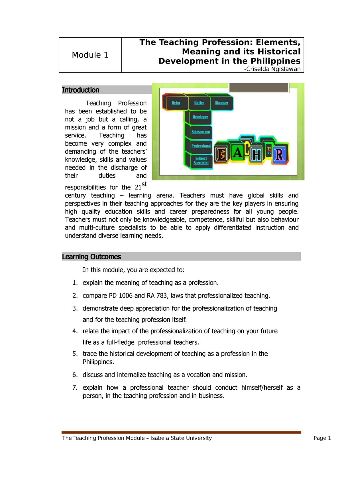 1 Module 1 The Teaching Profession Elements Meaning And Its 