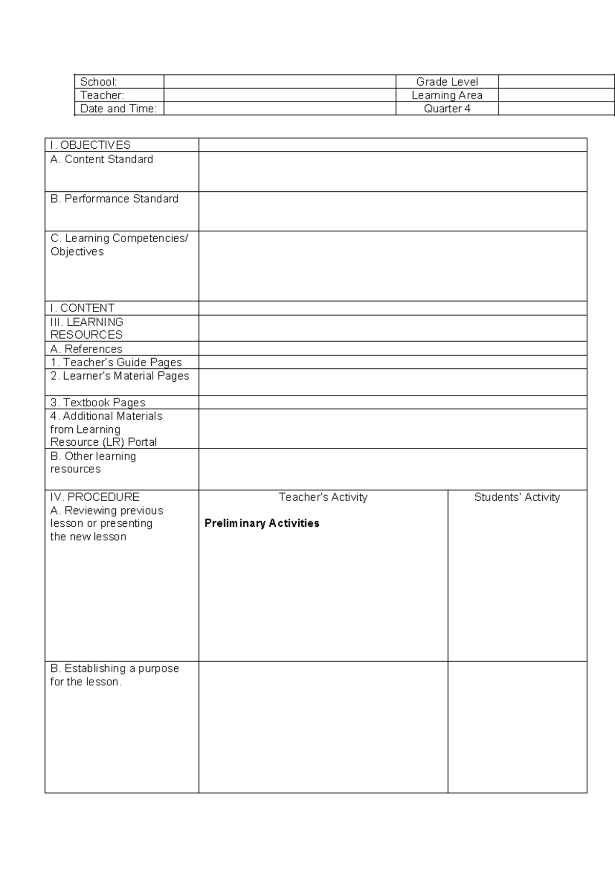 LP-Template - School: Grade Level Teacher: Learning Area Date and Time ...