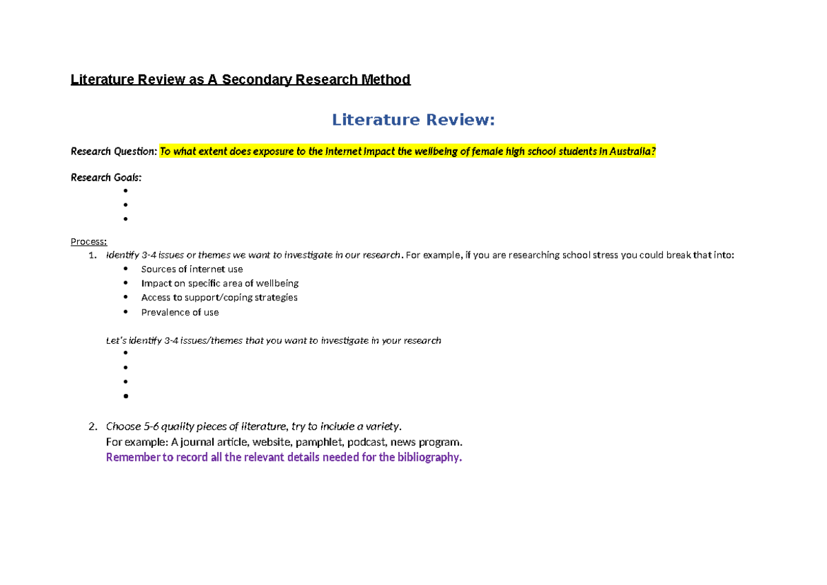 Literature Review - Identify 3-4 issues or themes we want to ...