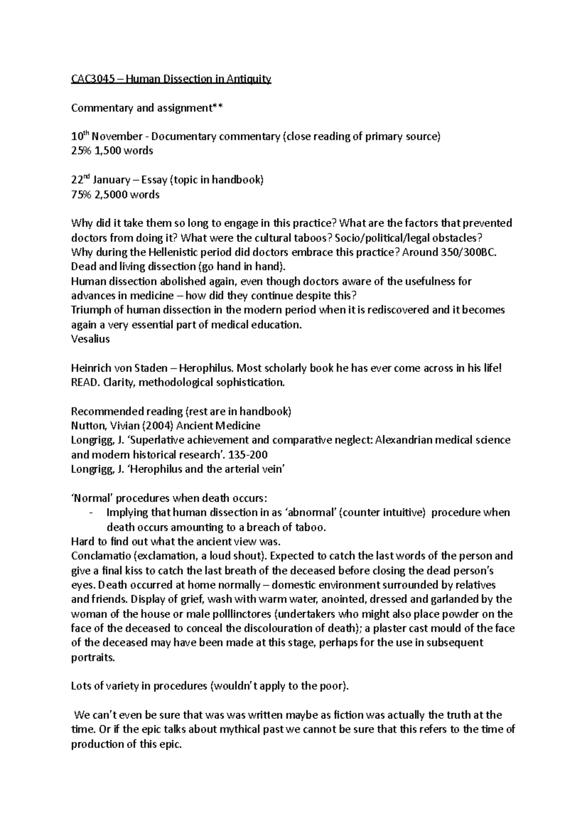 Introprocedures Lecture notes 1 CAC3045 Human Dissection in