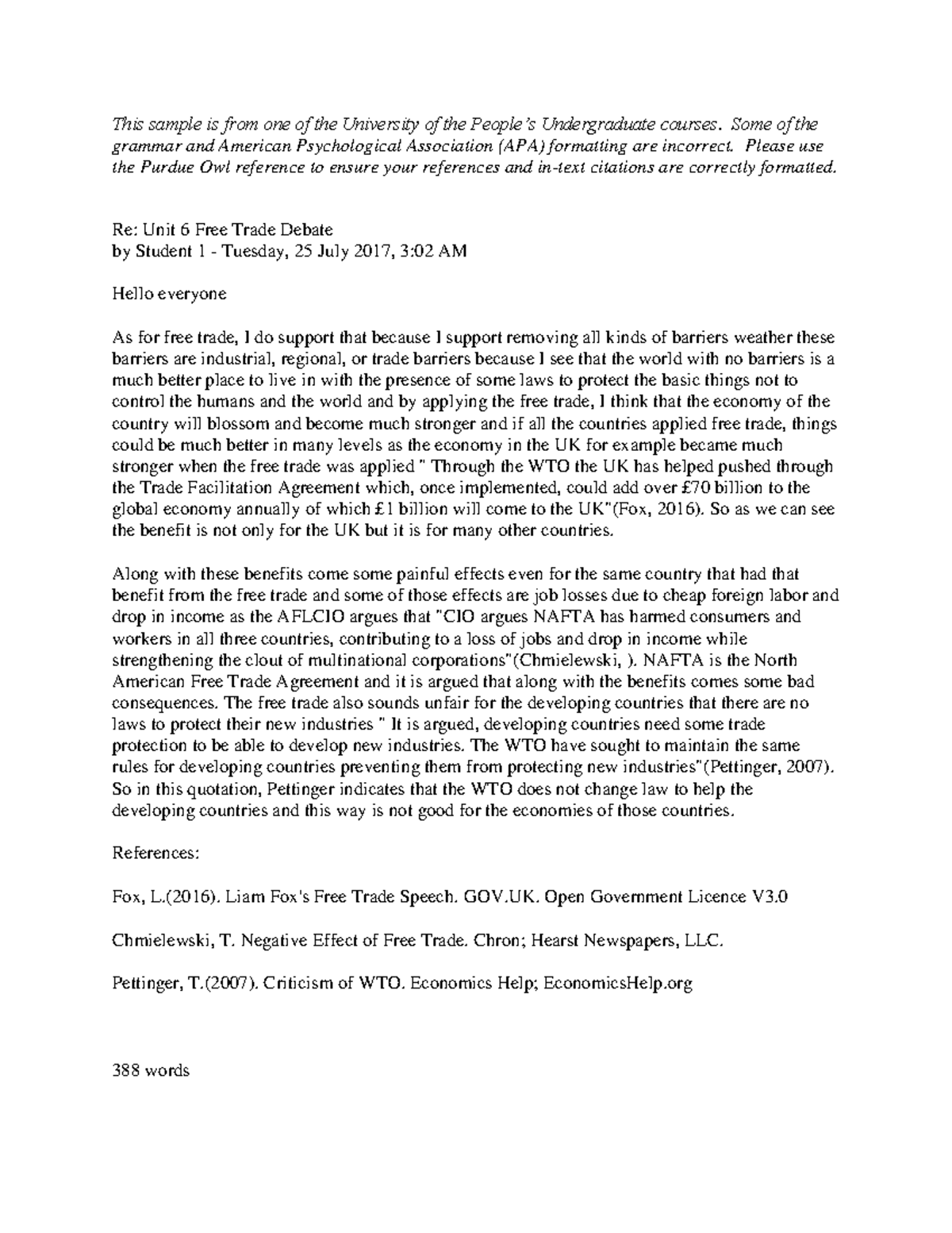 Sample Discussion Post for the first unit introduction of the course ...