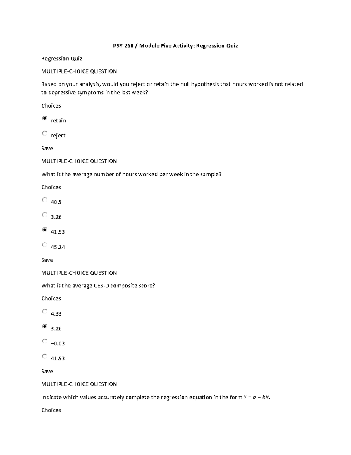 PSY 260 Module 5 Regression Quiz - PSY 260 / Module Five Activity ...