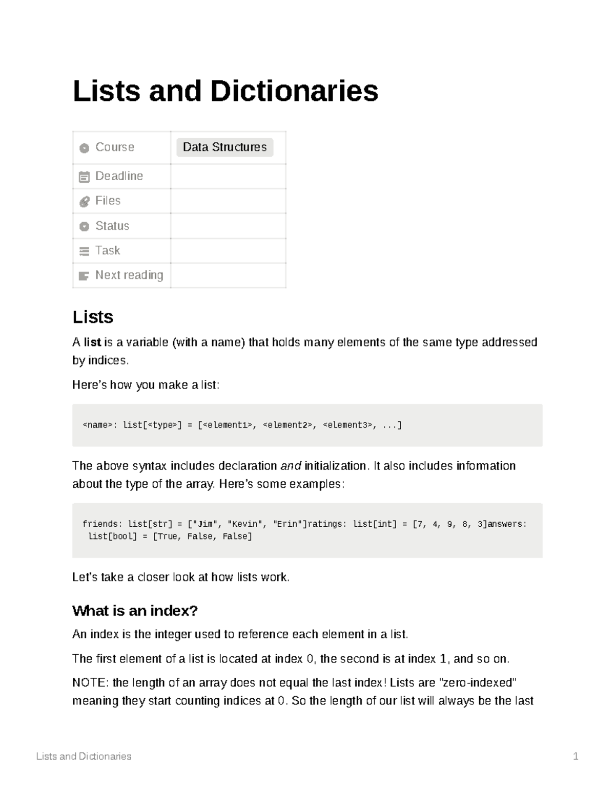 Lists and Dictionaries - Lists and Dictionaries Course Data Structures ...