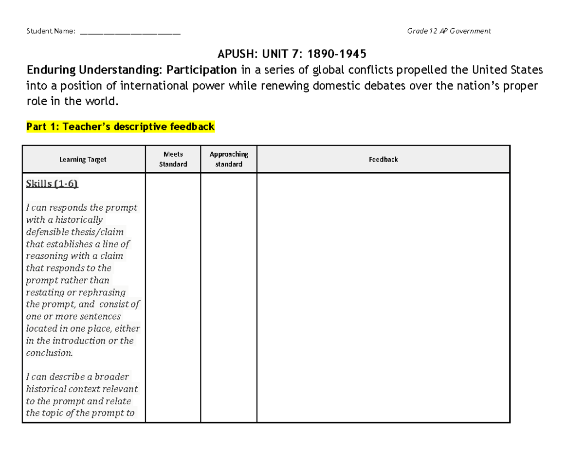 07 Apush Unit 7 Learning Plan - Student Name ...