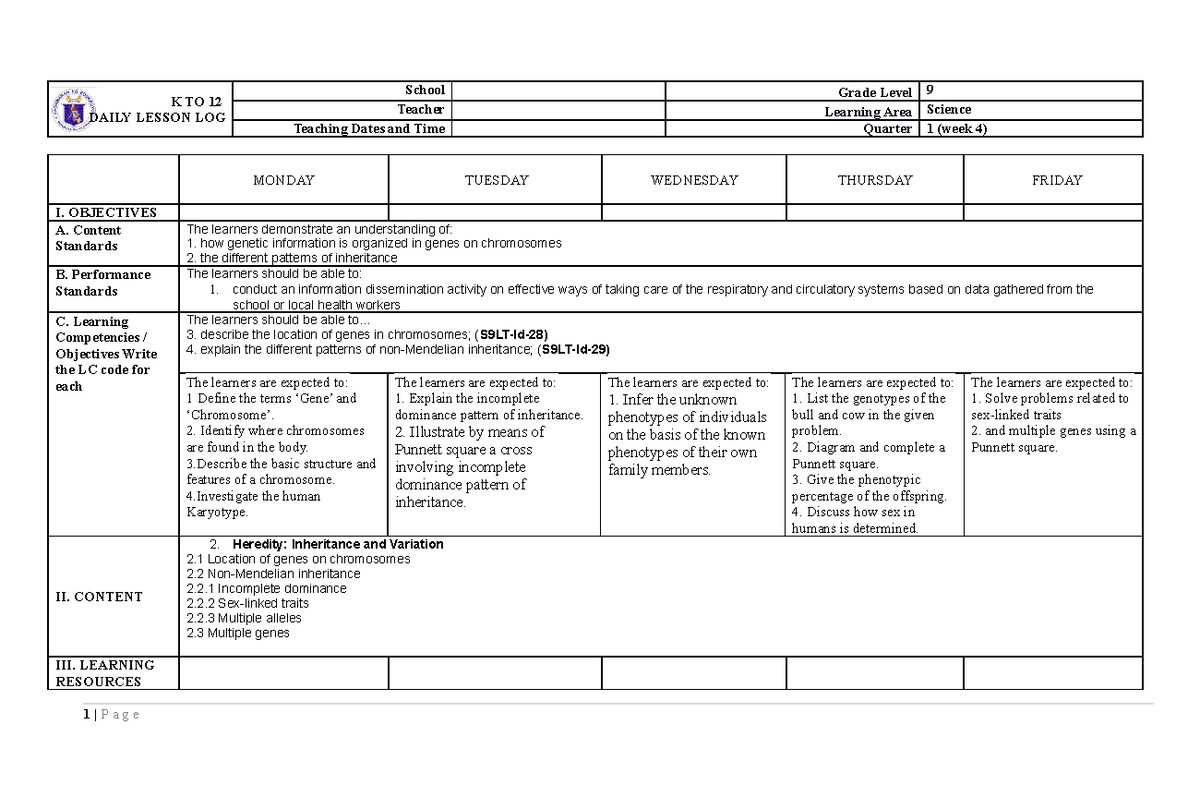 DLL Science 9 Q1 WEEK 4 - dhjda8hidk - K TO 12 DAILY LESSON LOG School ...