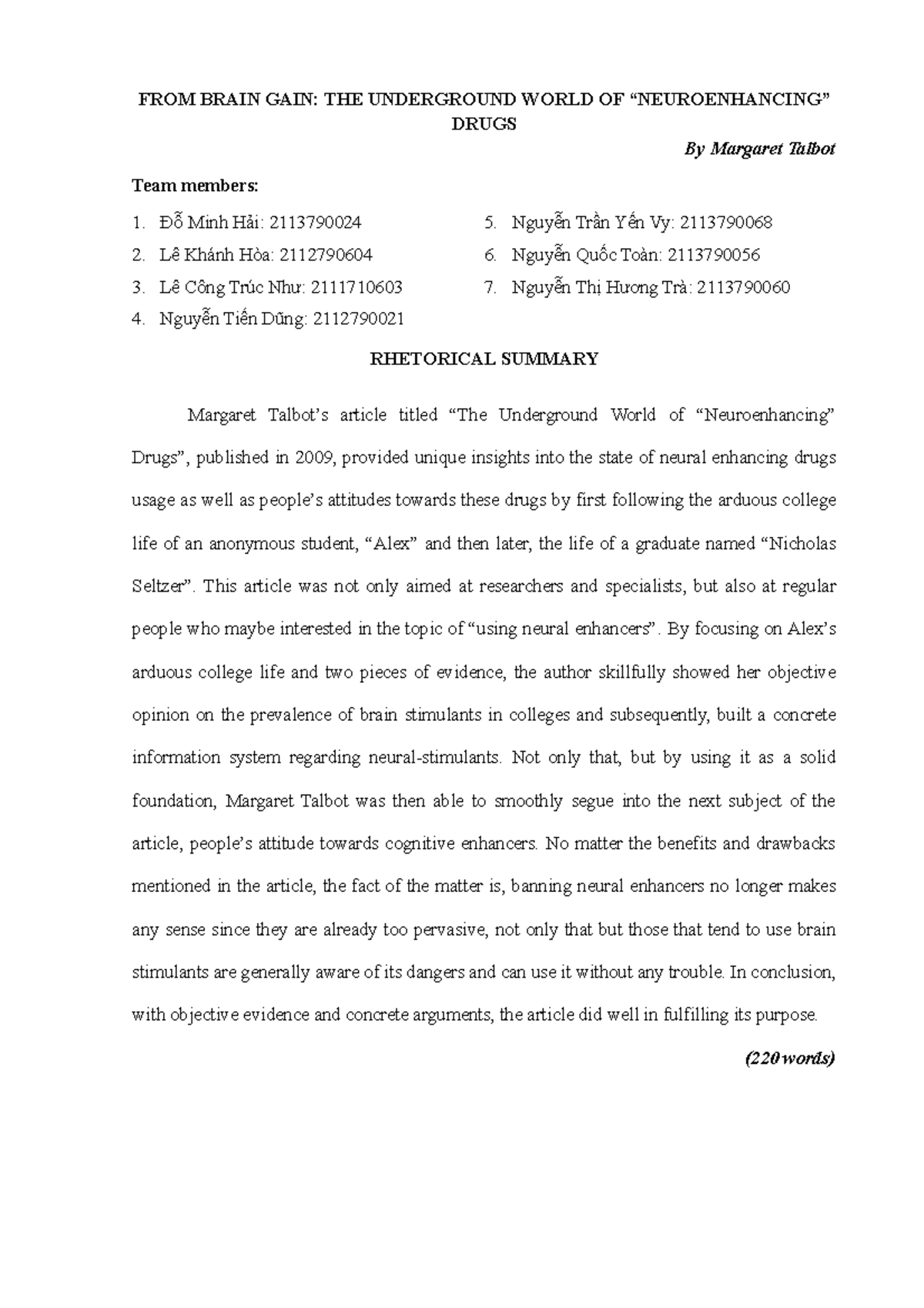 bai tap viet ass1 Psychology FROM BRAIN GAIN THE UNDERGROUND WORLD