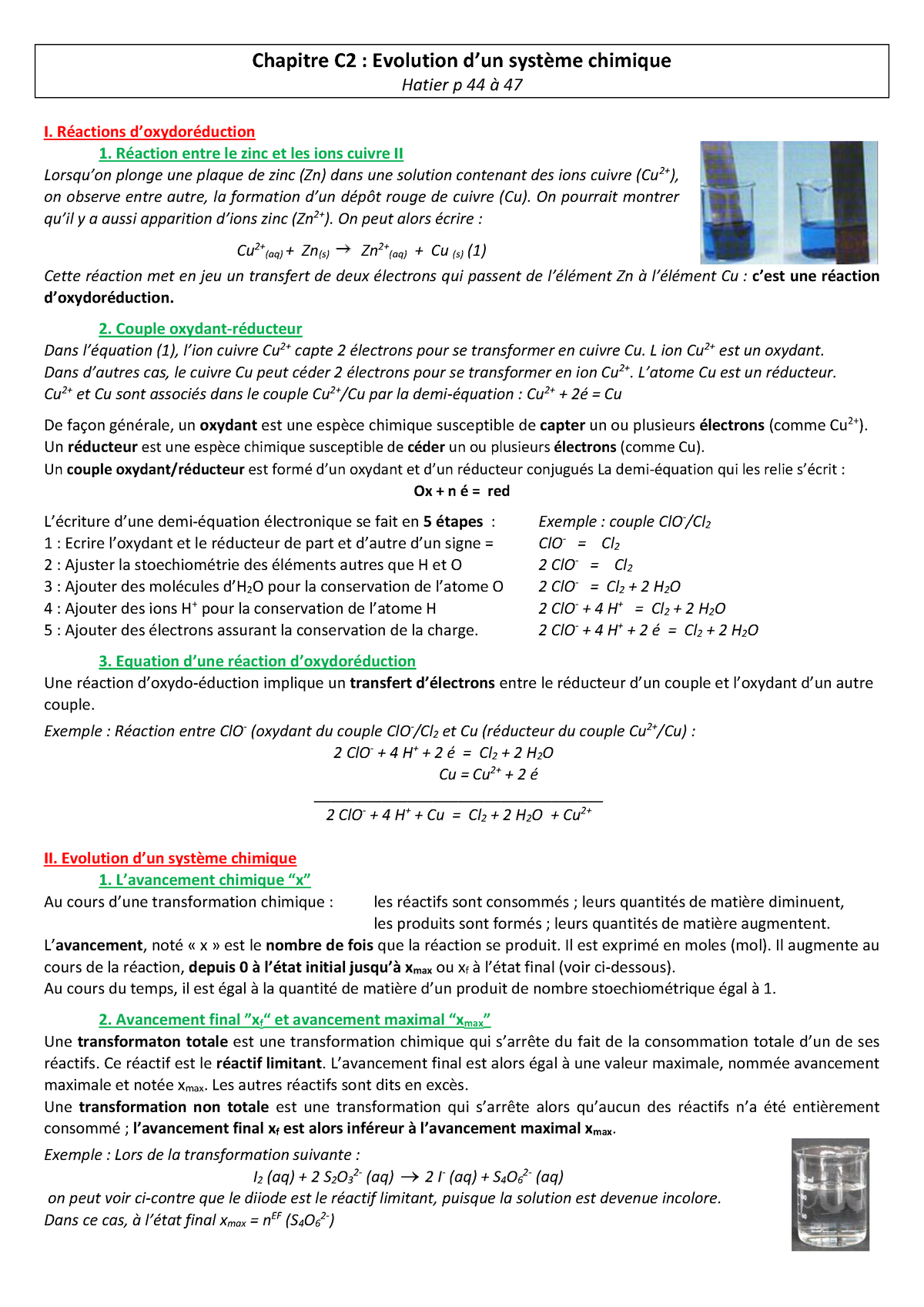 1ère Spé C2 Cours - Chapitre C2 : Evolution D’un Système Chimique ...