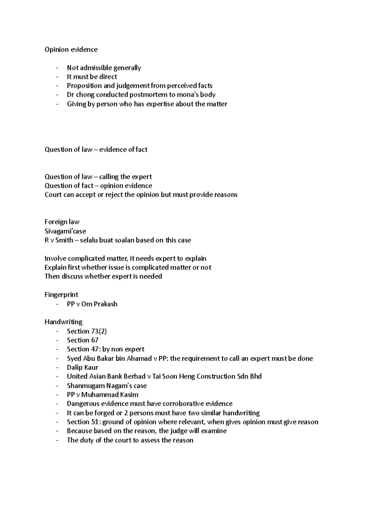 Tutorial Evidence II Week 4 - Opinion evidence - Not admissible ...