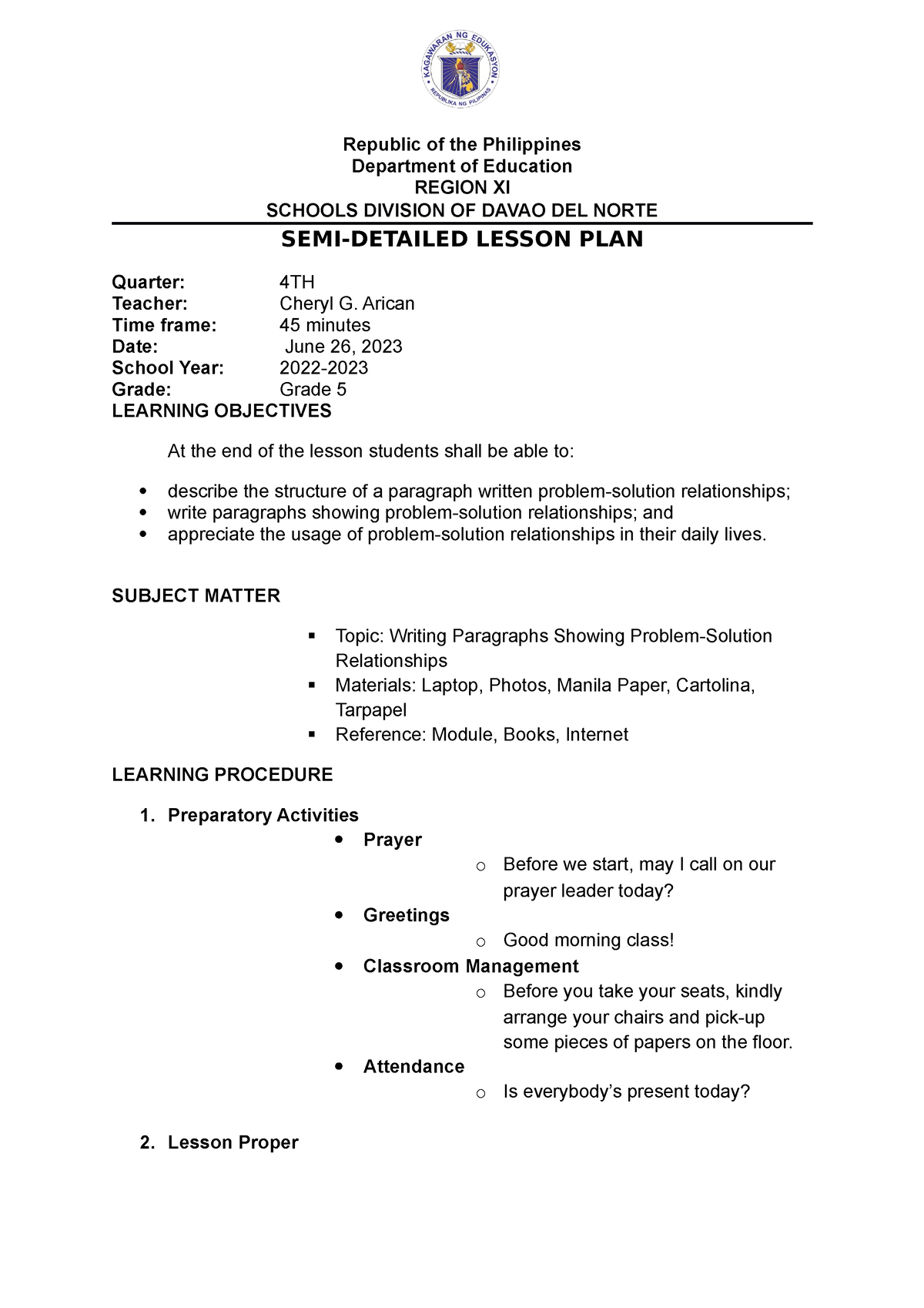 Detailed- Lesson-PLAN -ELEM ( Grade 5) - Republic of the Philippines ...