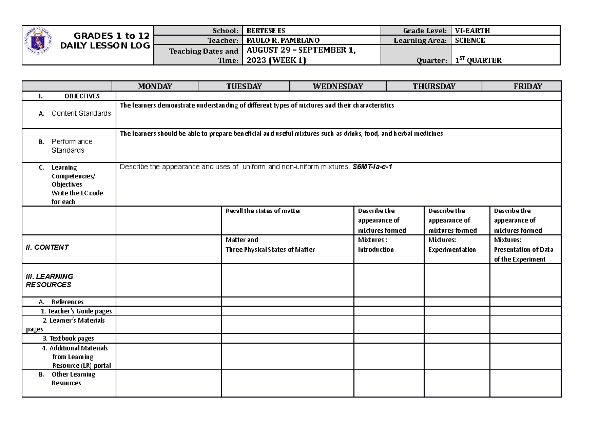 DLL Science 6 Q1 W1 - dll - GRADES 1 to 12 DAILY LESSON LOG School ...