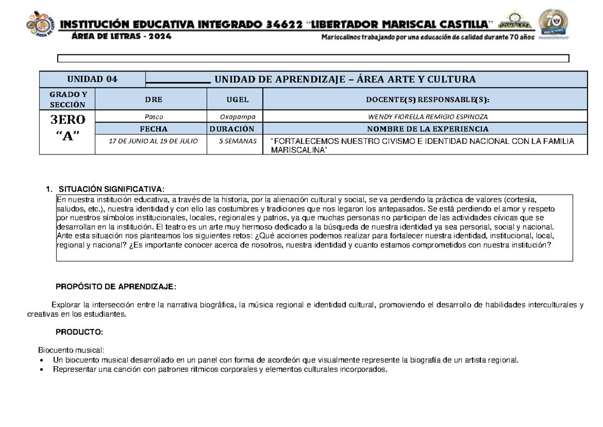 4ta unidad arte - UNIDA DE APRENDIZAJE DEL AREA DE ARTE Y CULTURA ...